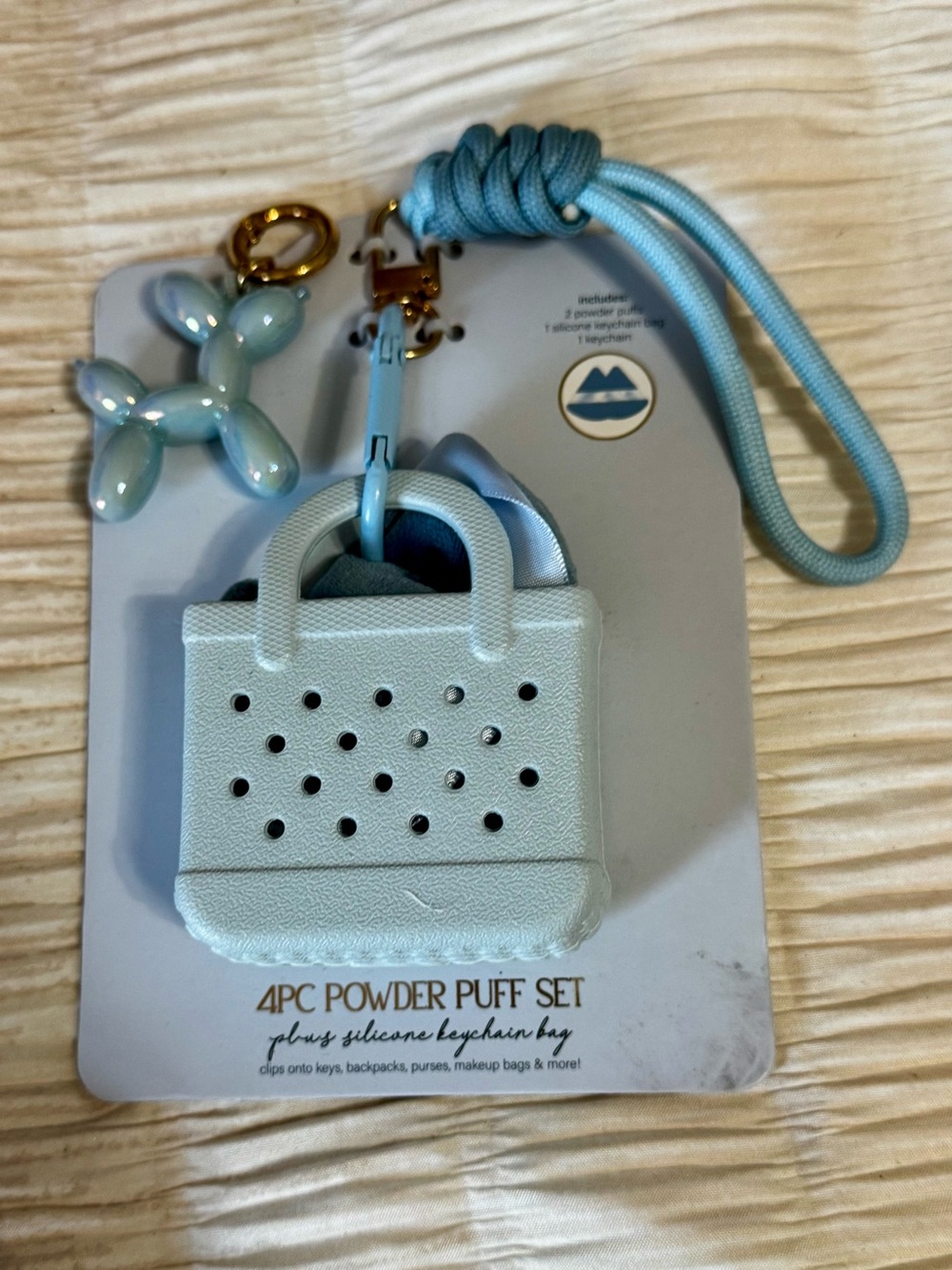 Ladies Silicone Powder Puff Set Keychain - Light Blue